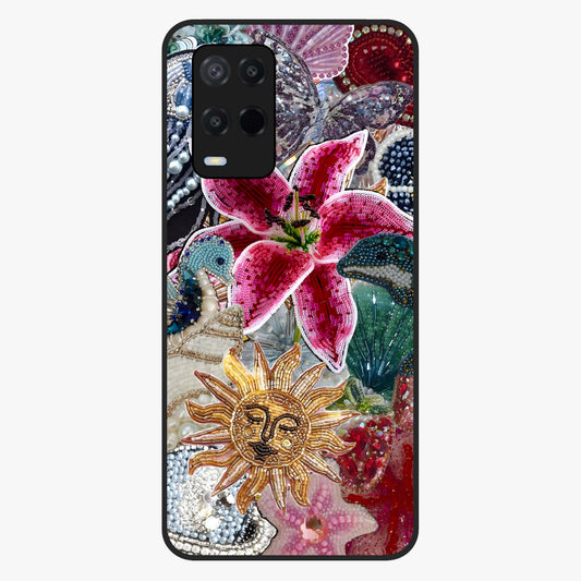 Beaded Garden Fantasy Glass Case showing flat back view with dreamy garden bead artwork and glossy glass finish.