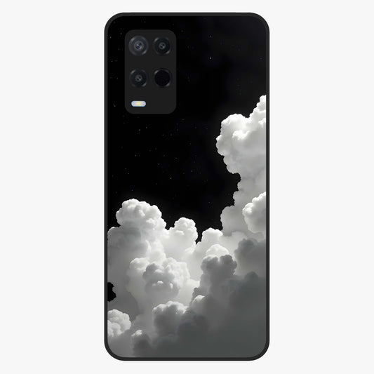 Black Background With White Cloud Glass Case showing flat back view with minimal cloud artwork on dark background and glossy glass finish.