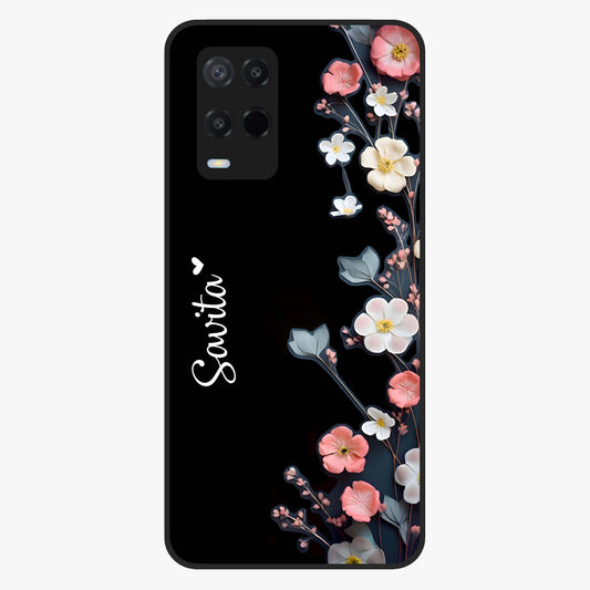 Black Elegance Floral Custom Name Glass Case showing flat back view with elegant floral artwork and personalized name design.
