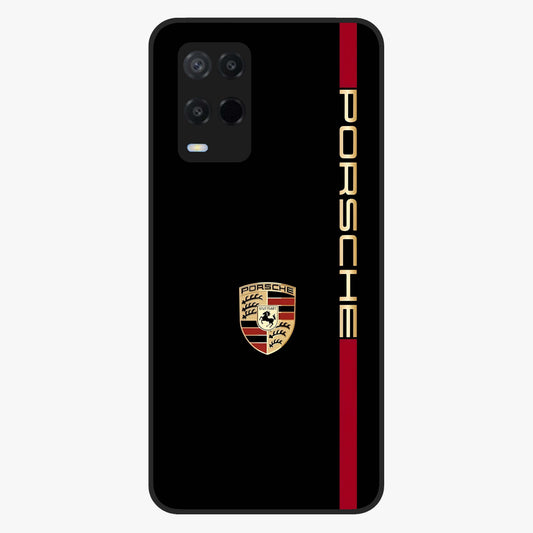 Black Minimal Porsche Glass Case showing flat back view with sleek minimal sports car artwork and glossy glass finish.