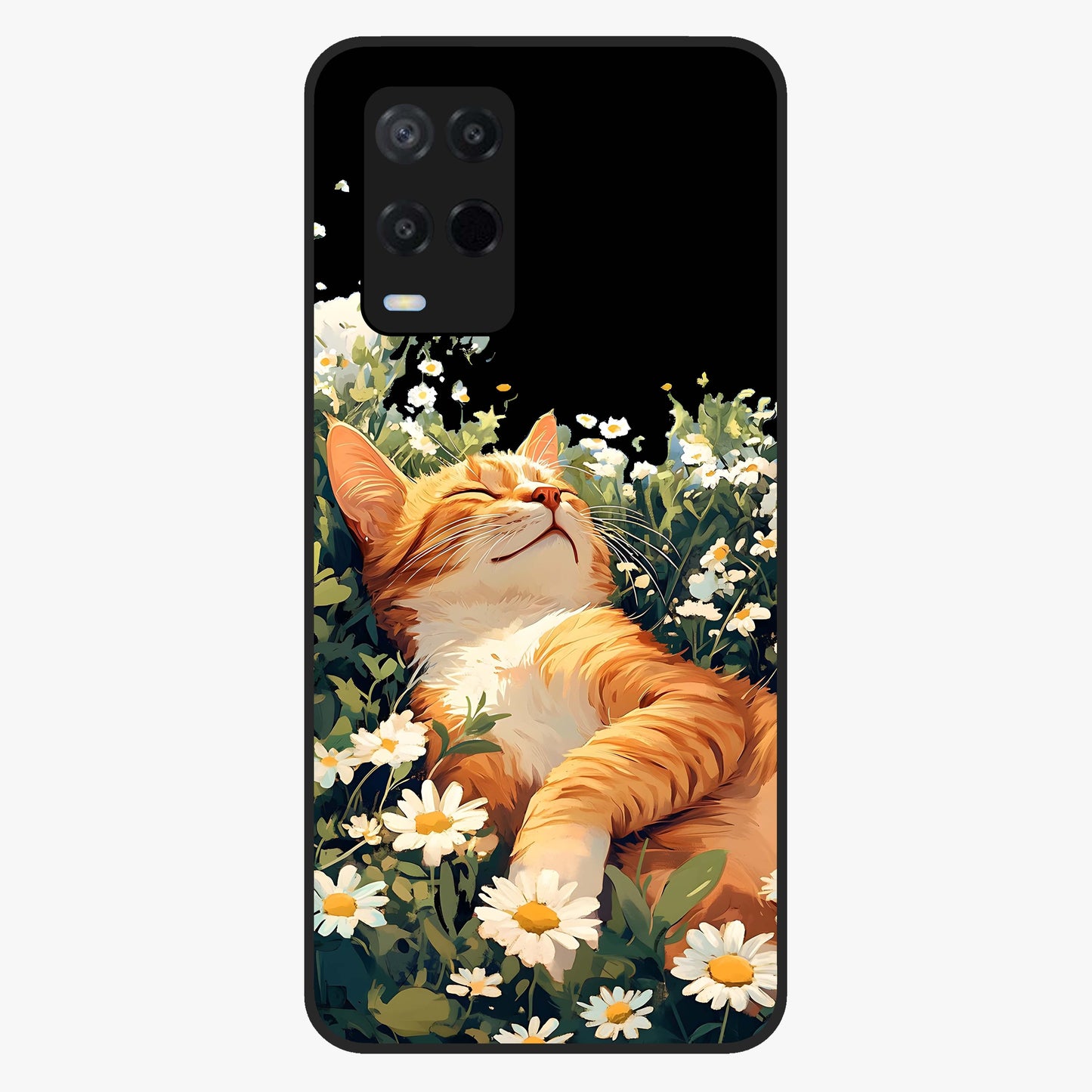 Blissful Bloom Cat Glass Case showing flat back view with cute cat and floral bloom artwork and glossy glass finish.