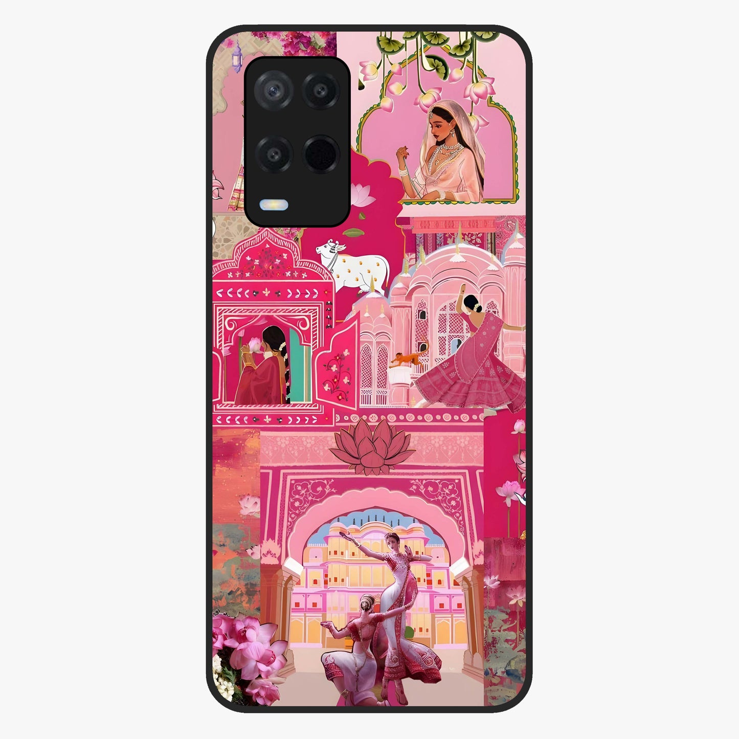 Blossoms of Rajasthan Glass Case showing flat back view with traditional floral artwork inspired by Rajasthan and glossy glass finish.