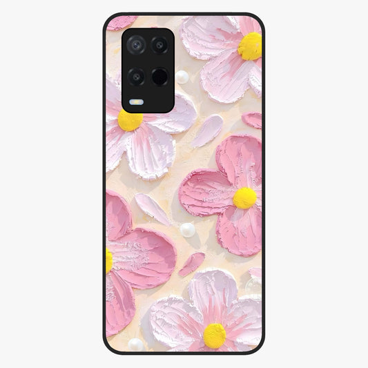 Blush Bloom Texture Glass Case showing flat back view with soft blush floral texture artwork and glossy glass finish.