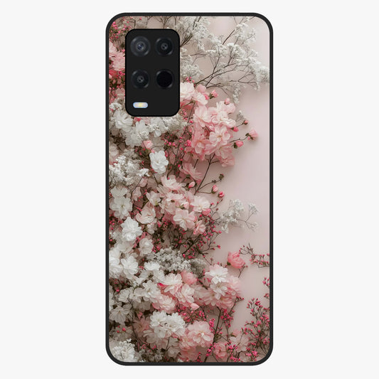 Blush Blossom Cloud Glass Case showing flat back view with dreamy blush cloud blossom artwork and glossy glass finish.