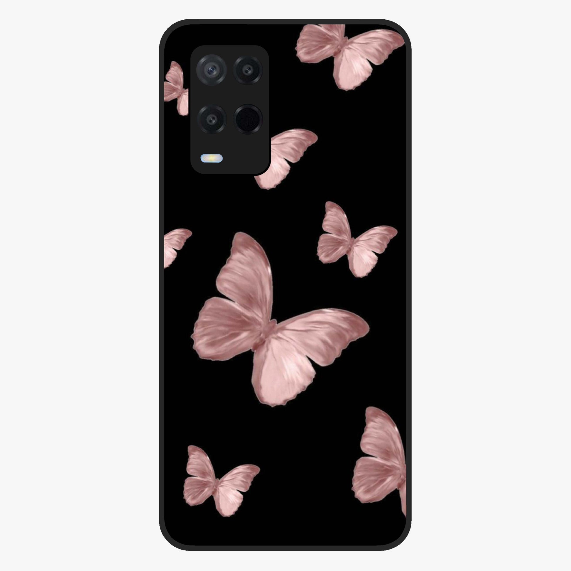 Butterfly Pattern Glass Case showing flat back view with elegant butterfly pattern artwork and glossy glass finish.