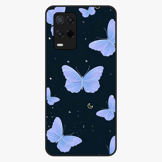 Butterfly With Stars Pattern Glass Case showing flat back view with butterfly and star pattern artwork and glossy glass finish.