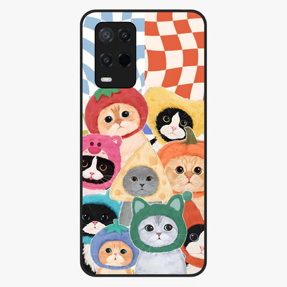 Cats in Fruits Glass Case showing flat back view with playful cat illustrations inside fruit artwork and glossy glass finish.