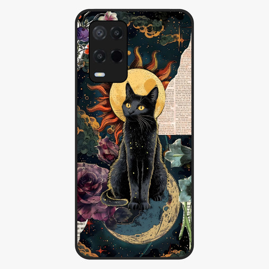 Celestial Black Cat Glass Case showing flat back view with mystical black cat artwork and glossy glass finish.