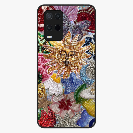 Celestial Floral and Playful Glass Case showing flat back view with floral and celestial themed artwork and glossy glass finish.