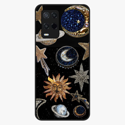 Celestial Gem Constellations Glass Case showing flat back view with sparkling constellation artwork and glossy glass finish.