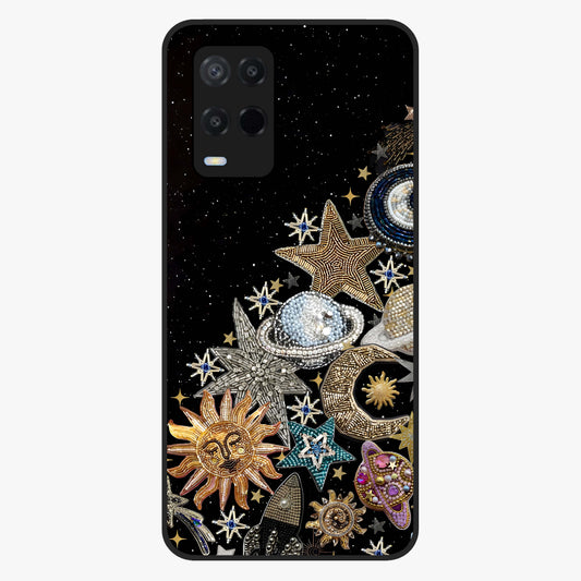 Cosmic Sparkle Dreams Glass Case showing flat back view with sparkling cosmic artwork and glossy glass finish.