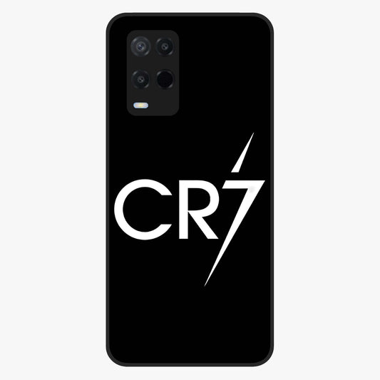 Cr7 Elite Strike Glass Case showing flat back view with dynamic football inspired artwork and glossy glass finish.