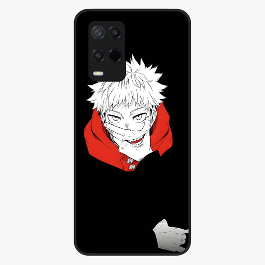 Crimson Chaos Smile Glass Case showing flat back view with bold chaotic smile artwork and glossy glass finish.