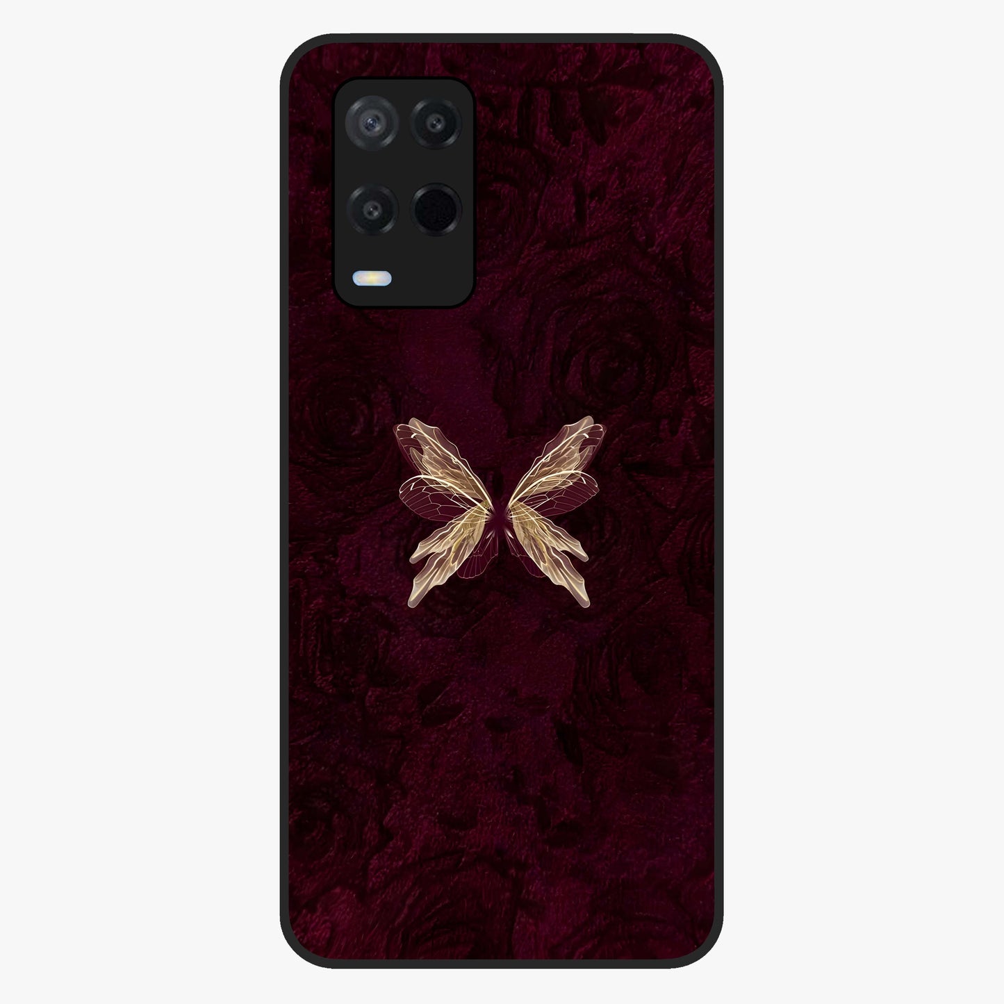 Crimson Fade Butterfly Glass Case showing flat back view with fading butterfly artwork and glossy glass finish.