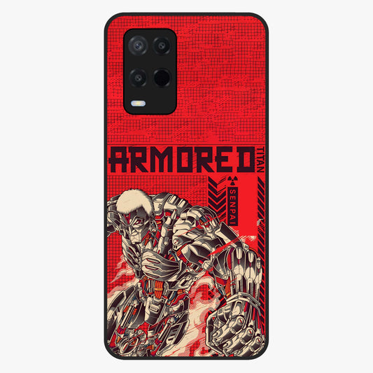 Crimson Mecha Titan Glass Case showing flat back view with powerful mech titan artwork and glossy glass finish.