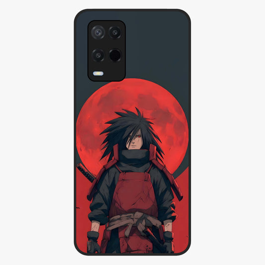 Crimson Moon Warlord Glass Case showing flat back view with mystical moon warrior artwork and glossy glass finish.
