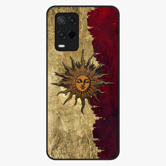 Crimson Sun Majesty Glass Case showing flat back view with radiant sun inspired artwork and glossy glass finish.