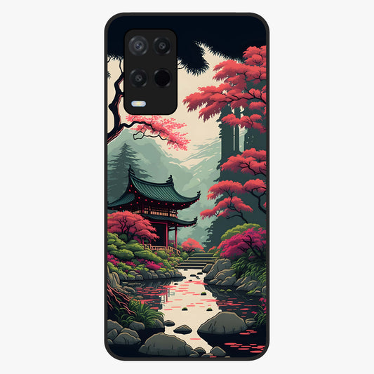 Crimson Temple View Glass Case showing flat back view with temple inspired artwork and glossy glass finish.