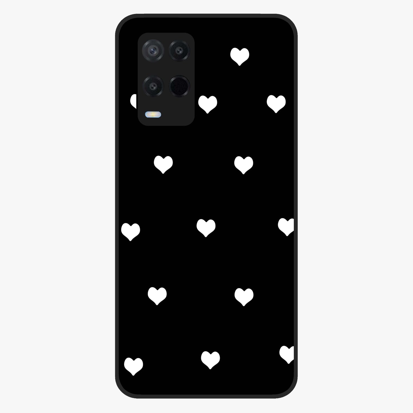 Cute And Simple White Hearts Glass Case showing flat back view with minimal white heart pattern and glossy glass finish.