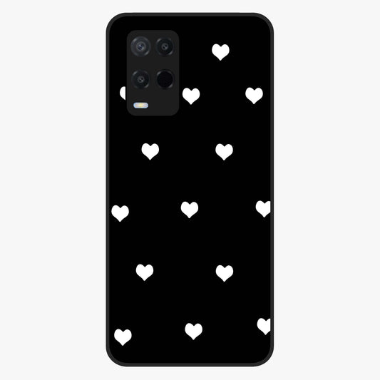 Cute And Simple White Hearts Glass Case showing flat back view with minimal white heart pattern and glossy glass finish.