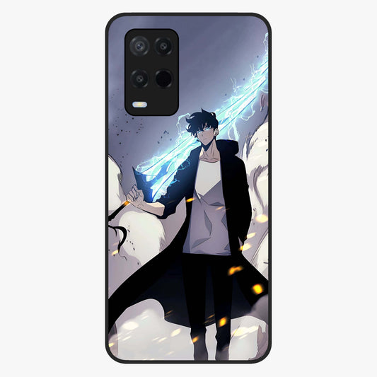 Dark Lightning Anime Warrior Glass Case showing flat back view with intense anime warrior artwork and glossy glass finish.