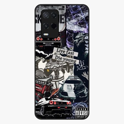 Die Young Glass Case showing flat back view with bold artistic typography design and glossy glass finish.