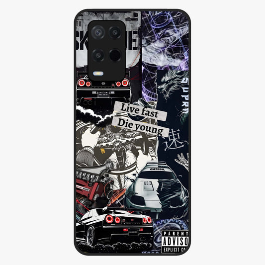 Die Young Glass Case showing flat back view with bold artistic typography design and glossy glass finish.