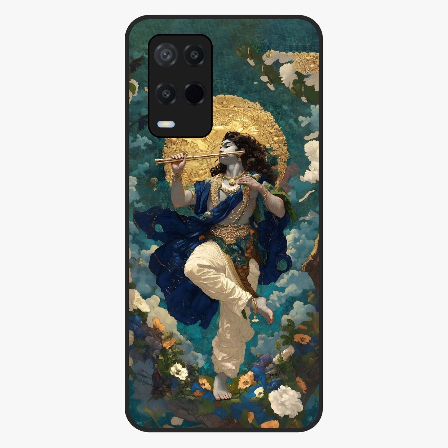 Divine Krishna Art Glass Case showing flat back view with Lord Krishna artwork and glossy glass finish.