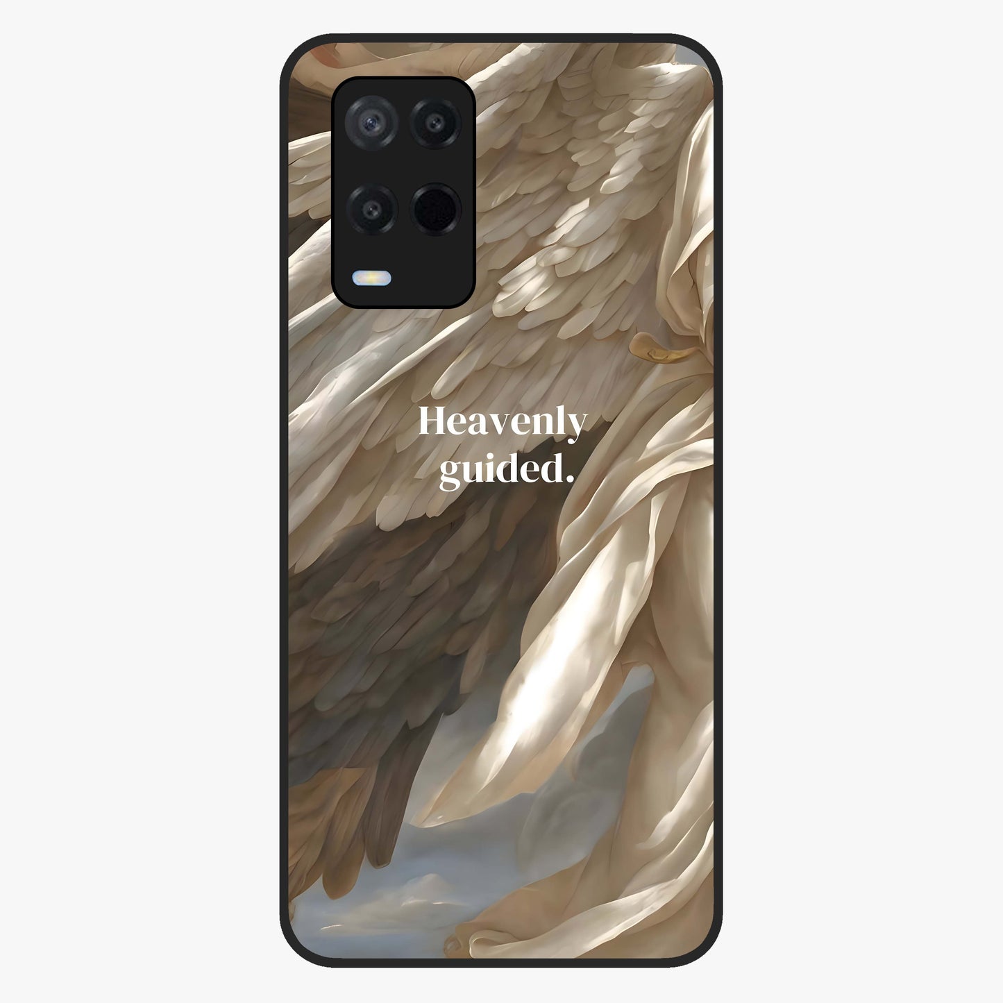 Divine Winged Grace Glass Case showing flat back view with elegant wing inspired artwork and glossy glass finish.