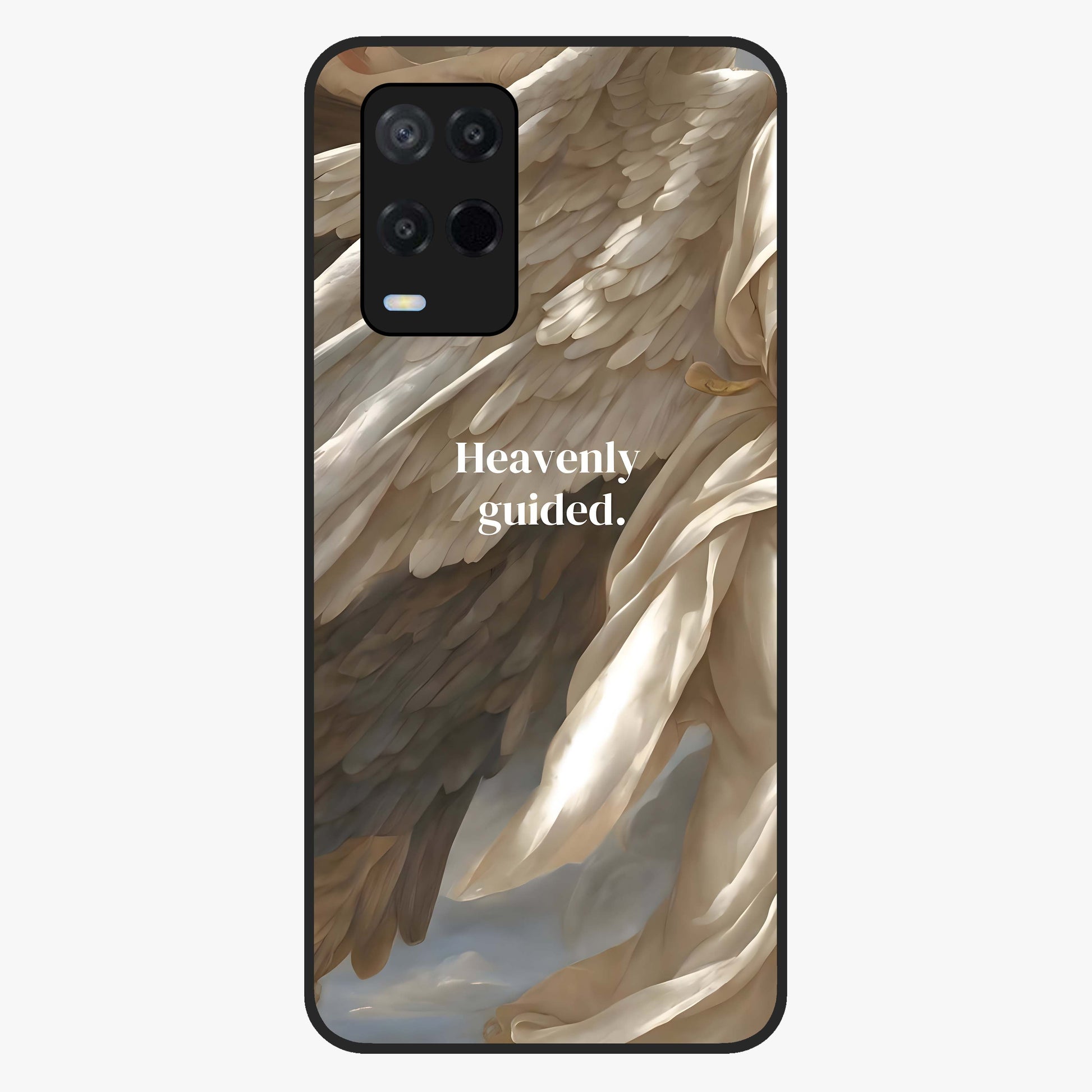 Divine Winged Grace Glass Case showing flat back view with elegant wing inspired artwork and glossy glass finish.