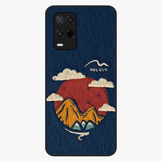 Dream Beyond Mountains Glass Case showing flat back view with scenic mountain landscape artwork and glossy glass finish.