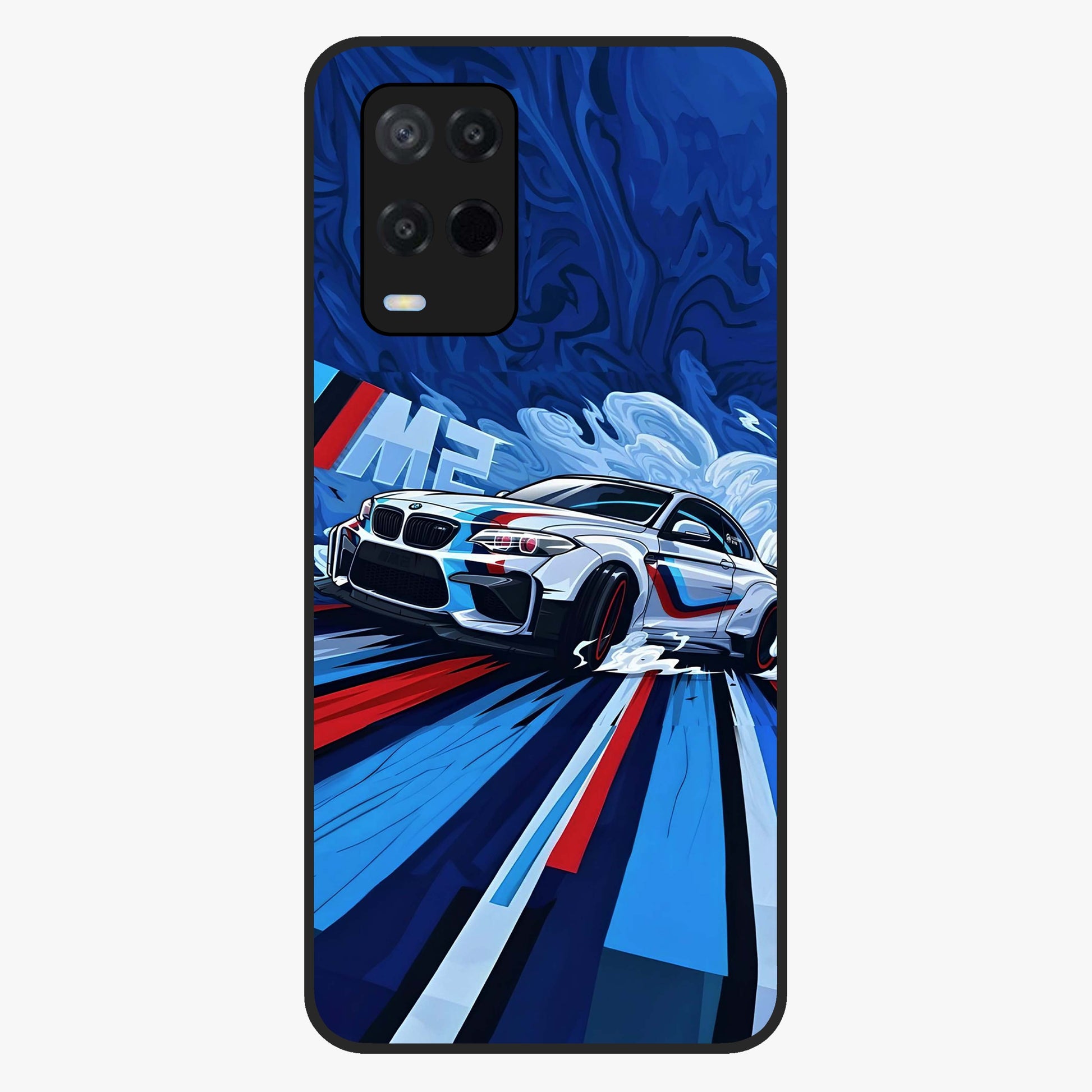 Drift Power Rush Glass Case showing flat back view with dynamic racing inspired artwork and glossy glass finish.