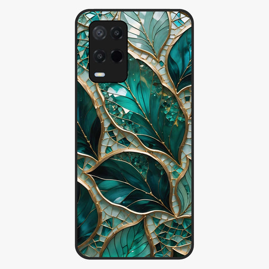 Emerald Leaf Glass Glass Case showing flat back view with emerald green leaf artwork and glossy glass finish.