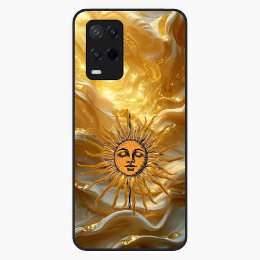 Eternal Golden Glow Glass Case showing flat back view with radiant golden themed artwork and glossy glass finish.