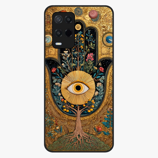 Ethereal Evil Eye Glass Case showing flat back view with mystical evil eye artwork and glossy glass finish.