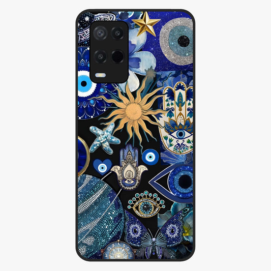 Evil Eye Charm Mix Glass Case showing flat back view with multiple evil eye charms artwork and glossy glass finish.