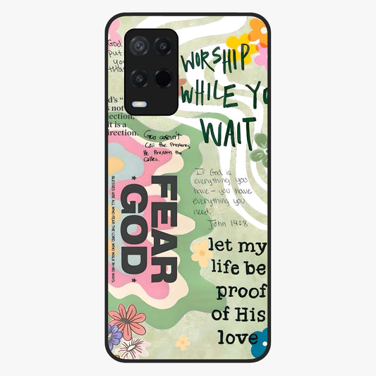 Faith Over Fear Glass Case showing flat back view with motivational typography artwork and glossy glass finish.