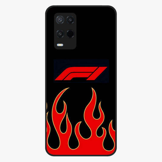 Fire F11 Glass Case showing flat back view with fiery themed artwork and glossy glass finish.