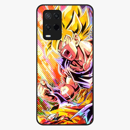 Firing Goku Glass Case showing flat back view with powerful anime inspired artwork and glossy glass finish.