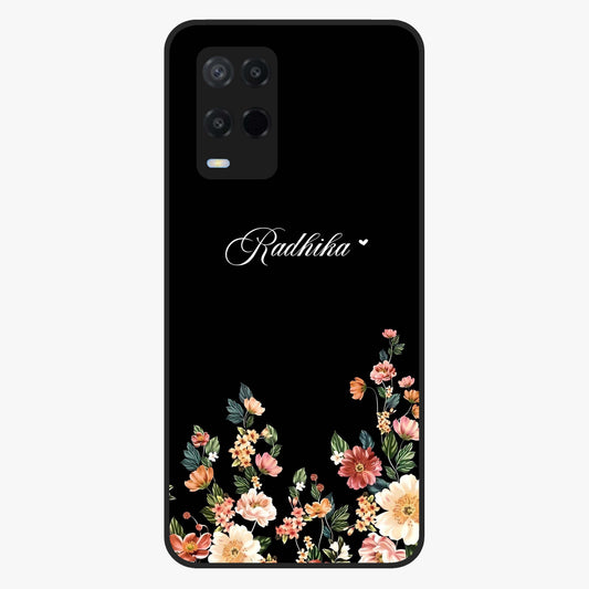 Floral Design With a Custom Personalized Name Glass Case showing flat back view with floral artwork and personalized name design.