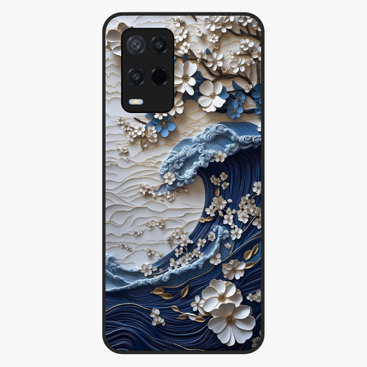 Floral Wave Origami Glass Case showing flat back view with origami inspired floral wave artwork and glossy glass finish.