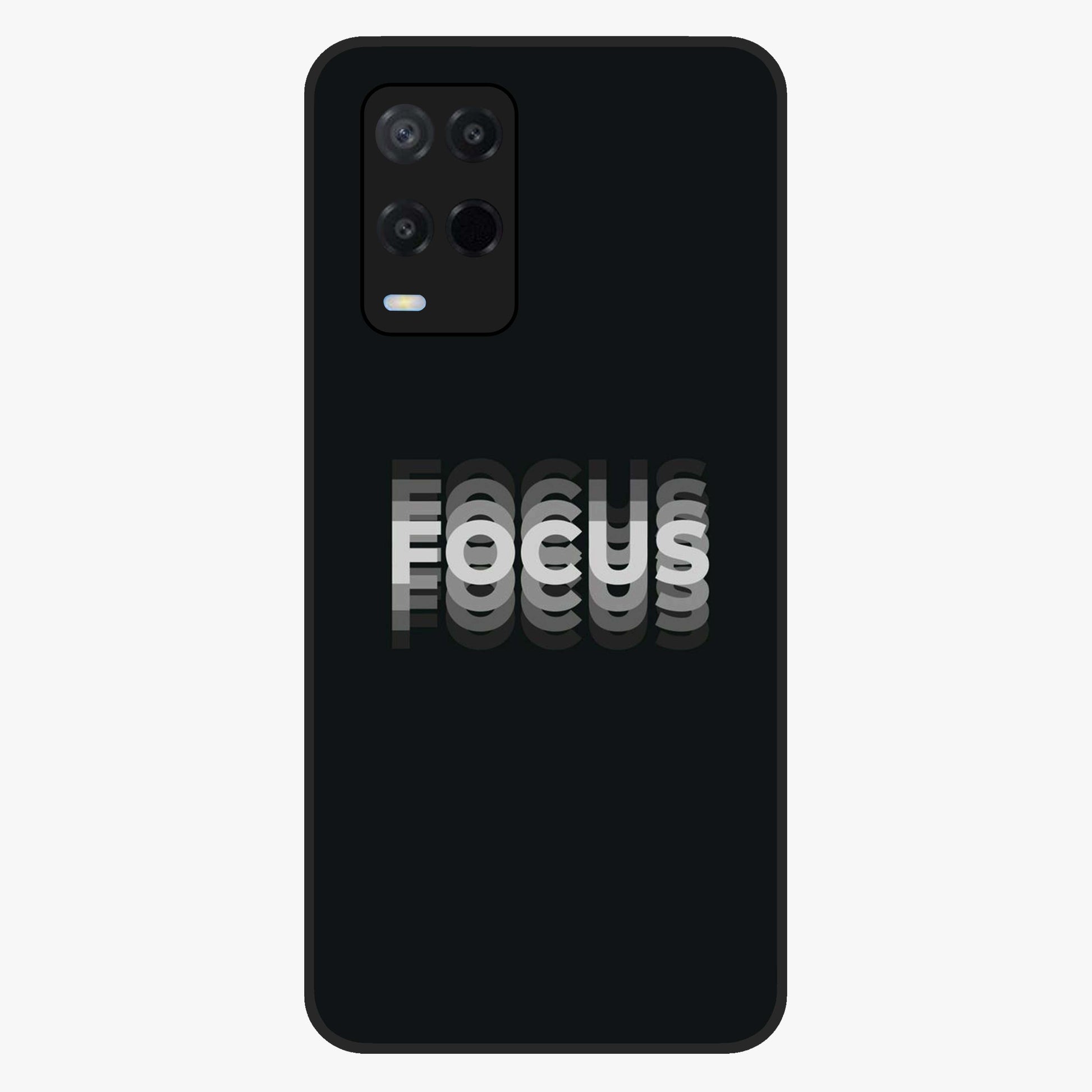 Focus Mode On Glass Case showing flat back view with bold motivational typography design and glossy glass finish.