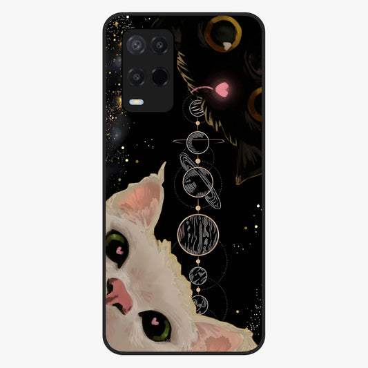 Galactic Cat Glass Case showing flat back view with cosmic cat artwork and glossy glass finish.