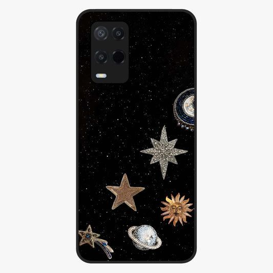 Galactic Charm Glow Glass Case showing flat back view with glowing celestial charm artwork and glossy glass finish.