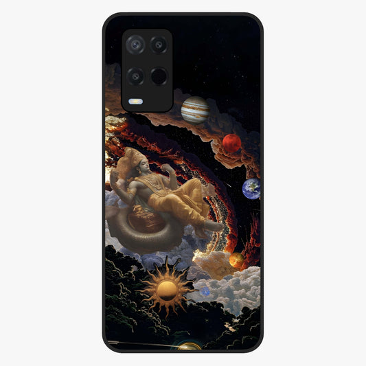 Galactic Divine God Glass Case showing flat back view with divine cosmic themed artwork and glossy glass finish.