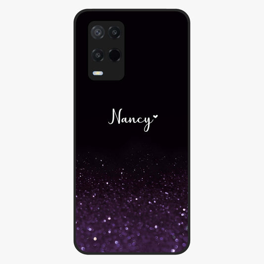 Glittery Purple Bokeh Custom Name Glass Case showing flat back view with purple bokeh sparkle artwork and personalized name design.
