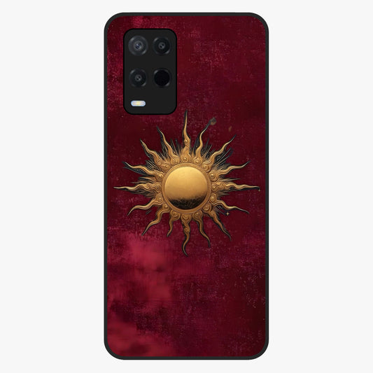 Gold Sun Blush Glass Case showing flat back view with golden sun inspired artwork and glossy glass finish.