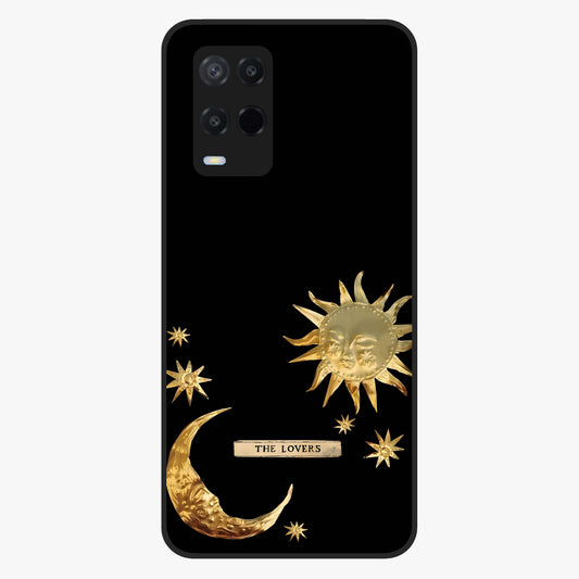 Golden Celestial Charm Glass Case showing flat back view with golden celestial charm artwork and glossy glass finish.