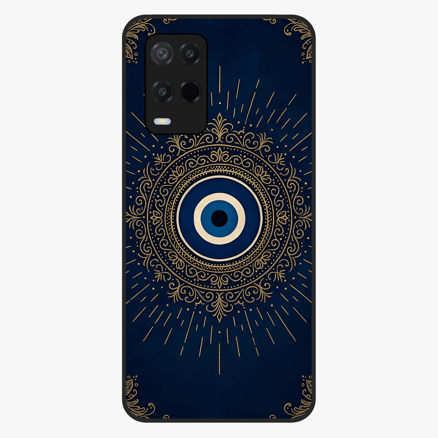Golden Evil Eye Mandala Glass Case showing flat back view with intricate evil eye mandala artwork and glossy glass finish.
