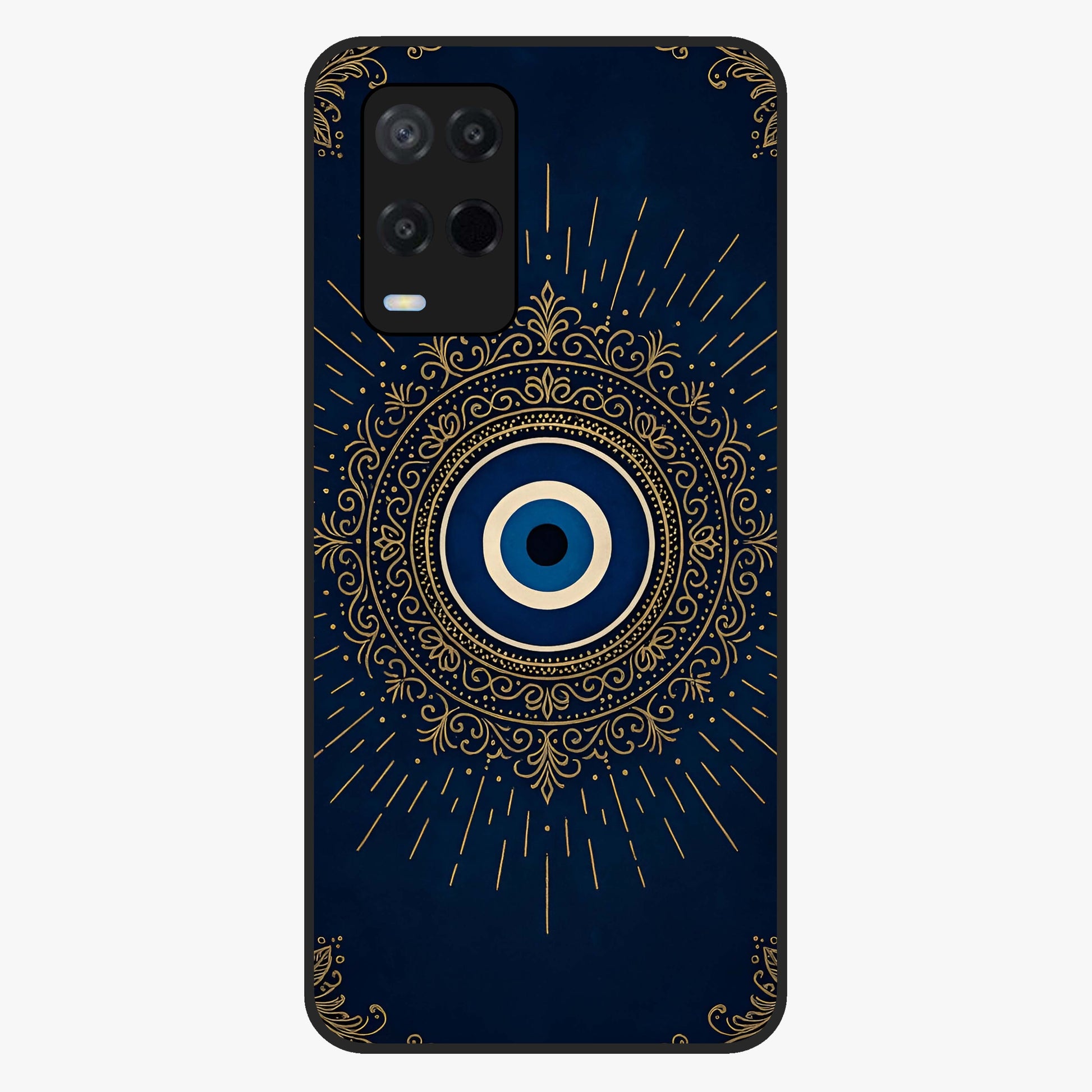 Golden Evil Eye Mandala Glass Case showing flat back view with intricate evil eye mandala artwork and glossy glass finish.